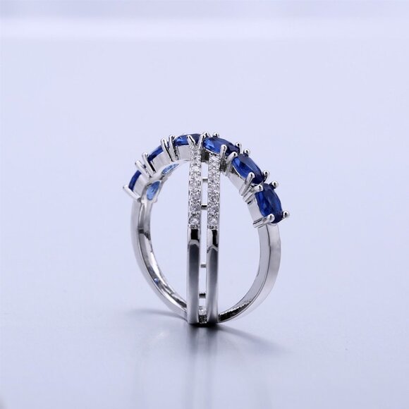 🎀 Oval Royal Blue Anillos Unique Three Lines Silver Ring for Women, VIP272 - Picture 5 of 7